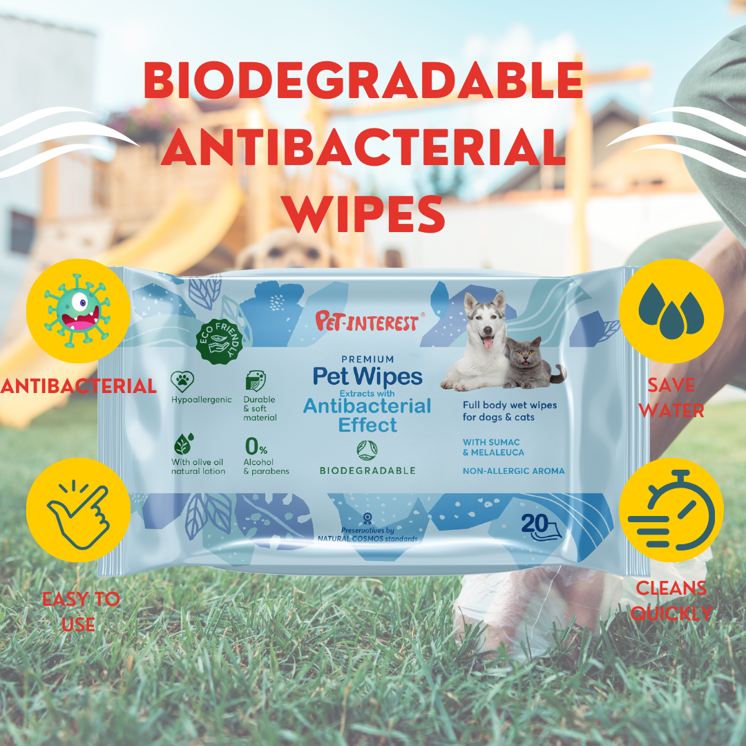 Lingettes biodégradables pour animaux de compagnie (antibactériennes) - Pour chiens et chats (Lot de 8)